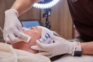 Obagi Blue Peel Radiance being applied during a professional facial treatment at a Manchester clinic