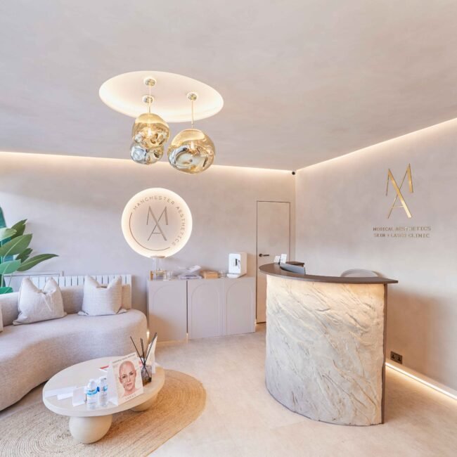 Clinic reception area Manchester Aesthetics with marble desk