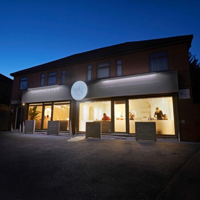 Manchester Aesthetics clinic building with illuminated signage