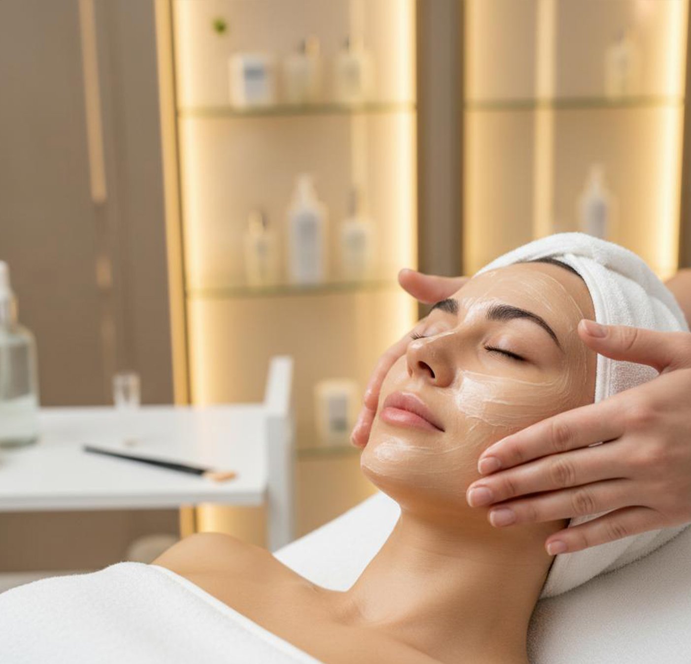 Client relaxing during a facial treatment
